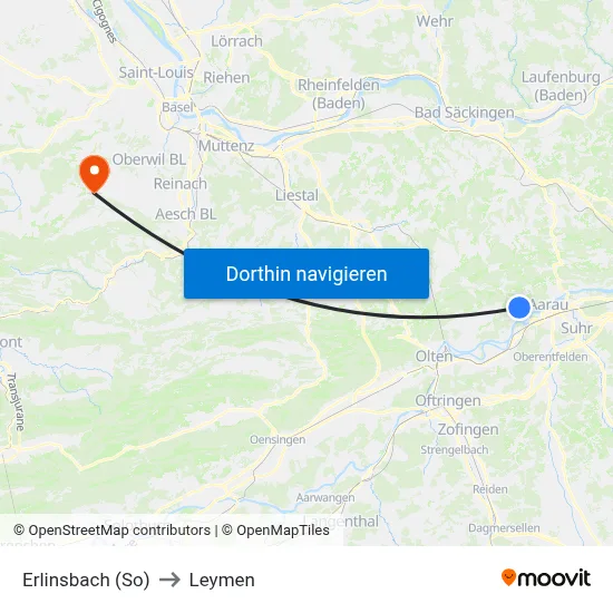 Erlinsbach (So) to Leymen map