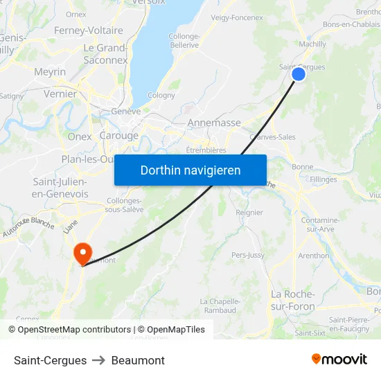 Saint-Cergues to Beaumont map