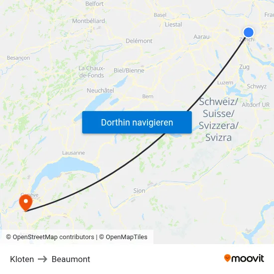 Kloten to Beaumont map