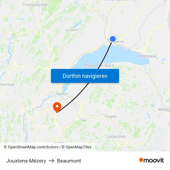 Jouxtens-Mézery to Beaumont map