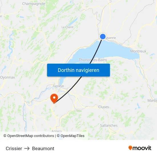 Crissier to Beaumont map