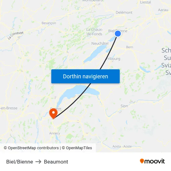 Biel/Bienne to Beaumont map
