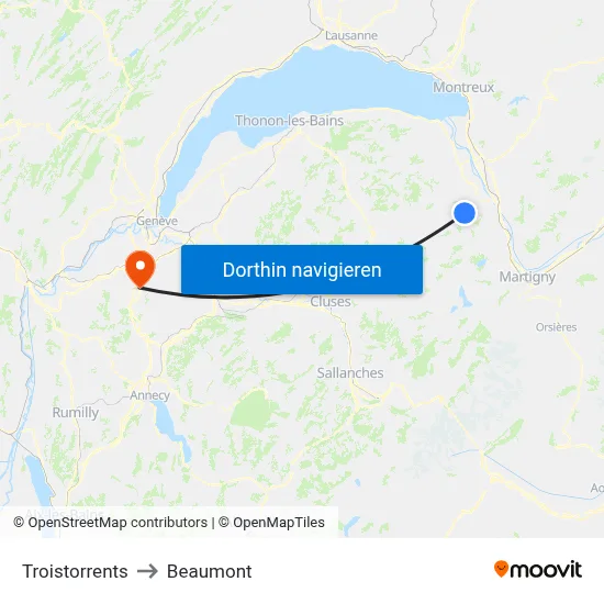 Troistorrents to Beaumont map