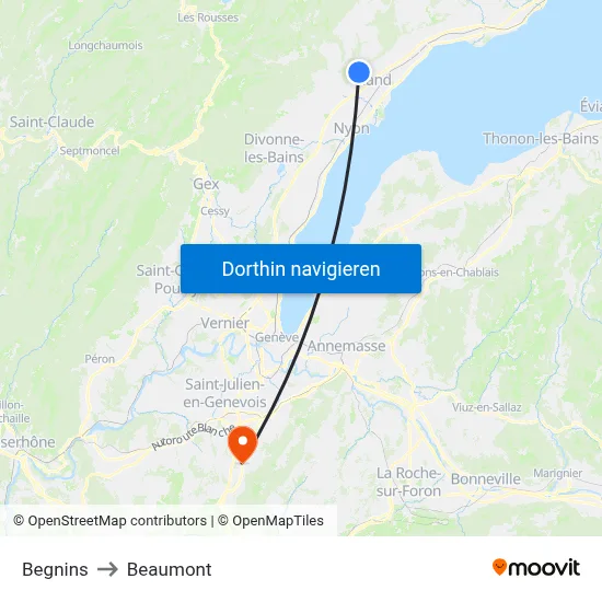 Begnins to Beaumont map