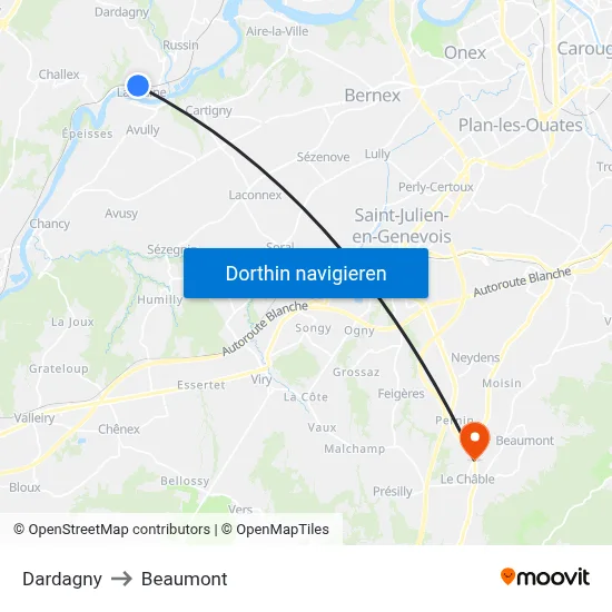 Dardagny to Beaumont map