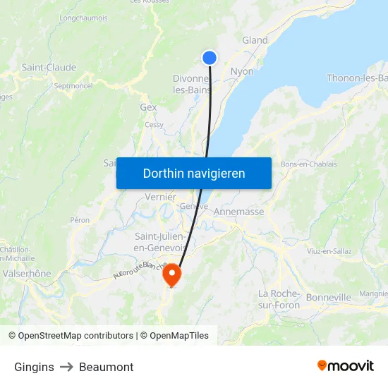Gingins to Beaumont map