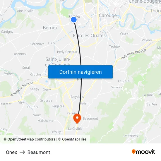 Onex to Beaumont map