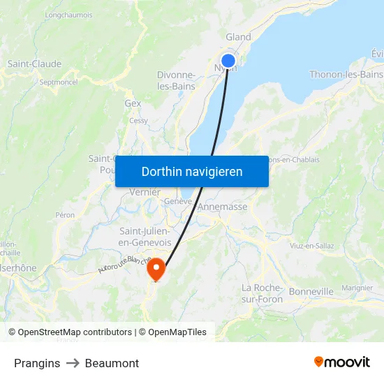 Prangins to Beaumont map