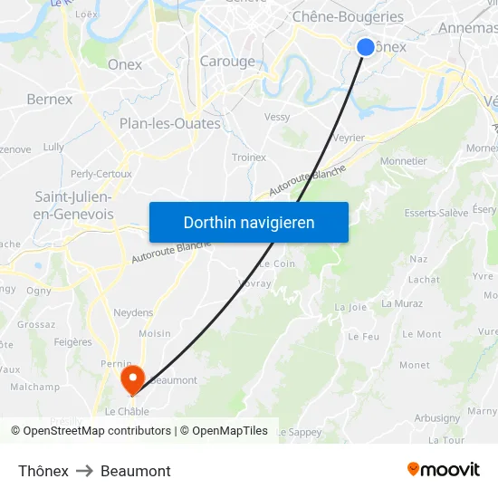 Thônex to Beaumont map