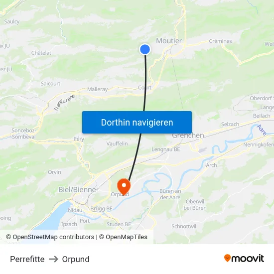 Perrefitte to Orpund map