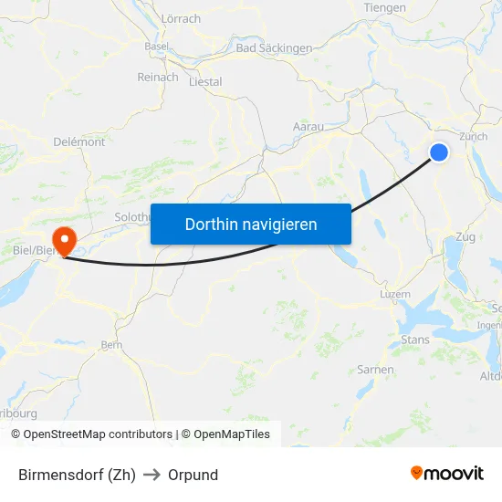 Birmensdorf (Zh) to Orpund map