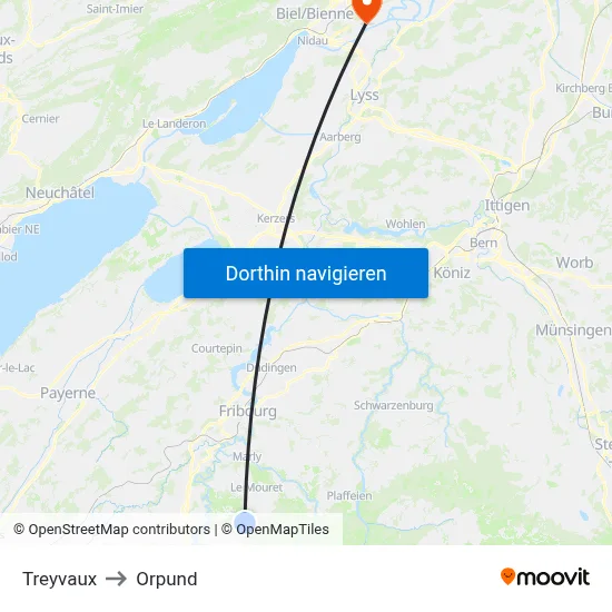 Treyvaux to Orpund map