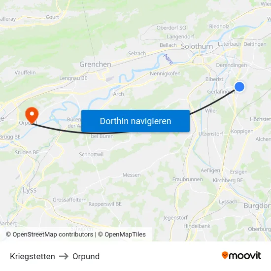 Kriegstetten to Orpund map