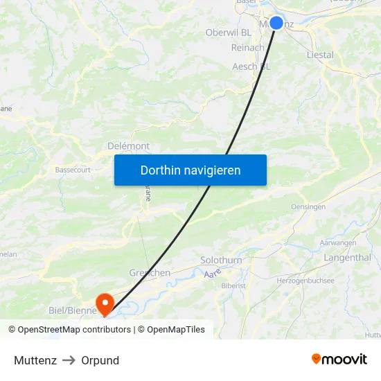 Muttenz to Orpund map