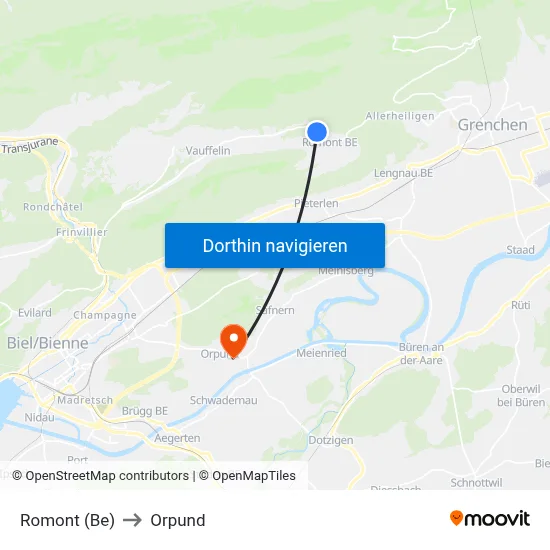 Romont (Be) to Orpund map