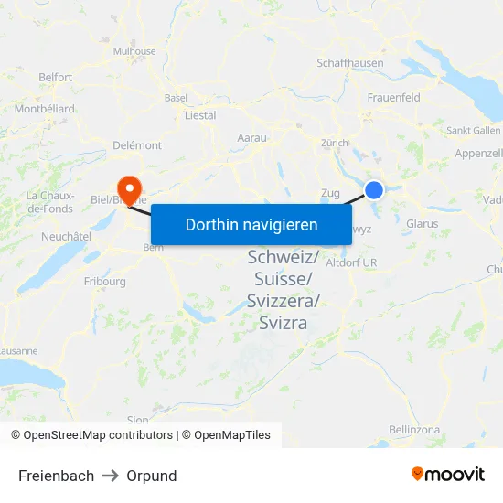 Freienbach to Orpund map
