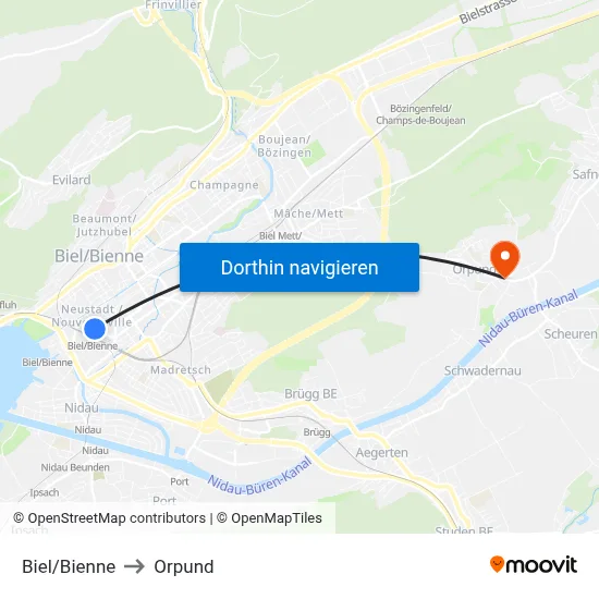 Biel/Bienne to Orpund map