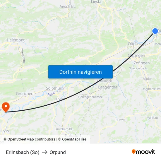 Erlinsbach (So) to Orpund map