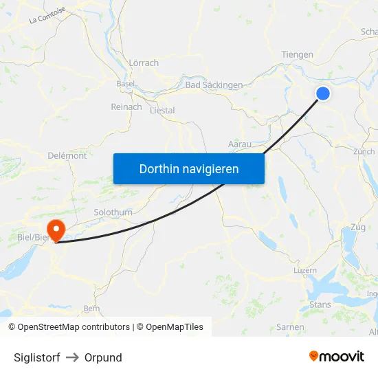 Siglistorf to Orpund map