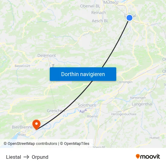 Liestal to Orpund map
