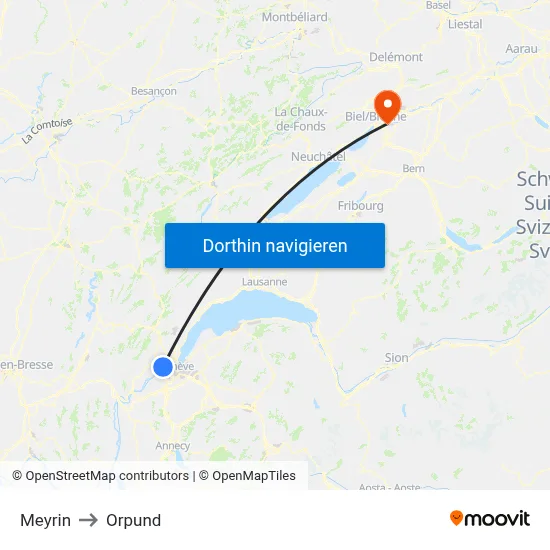 Meyrin to Orpund map