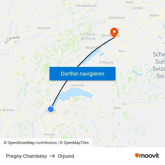 Pregny-Chambésy to Orpund map