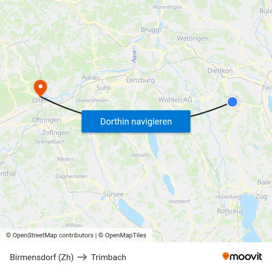 Birmensdorf (Zh) to Trimbach map