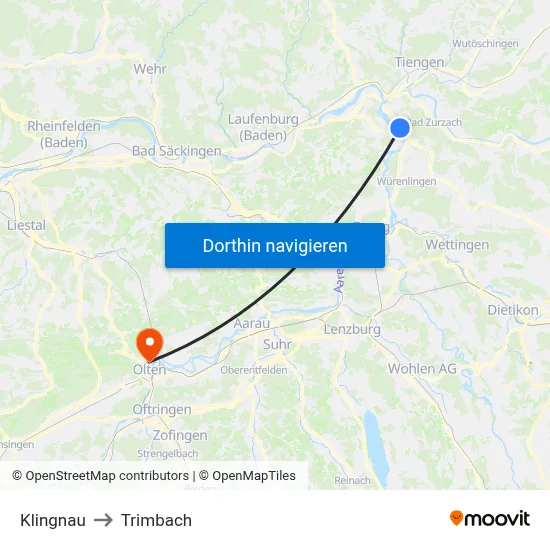 Klingnau to Trimbach map