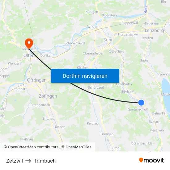Zetzwil to Trimbach map