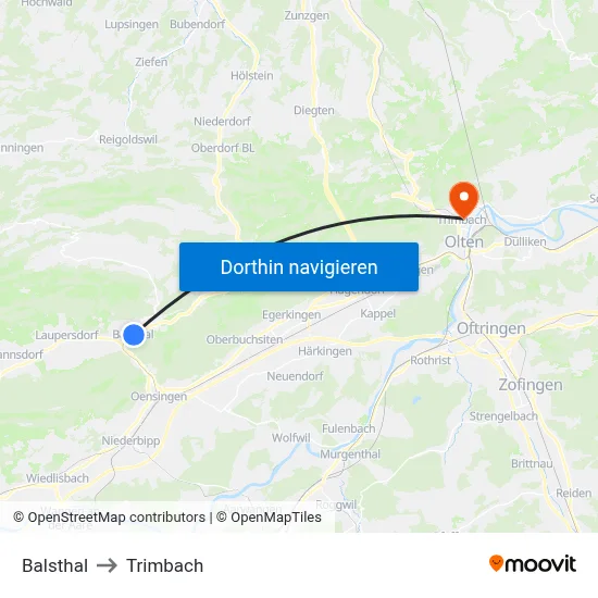 Balsthal to Trimbach map