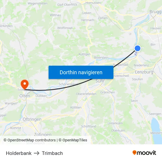 Holderbank to Trimbach map