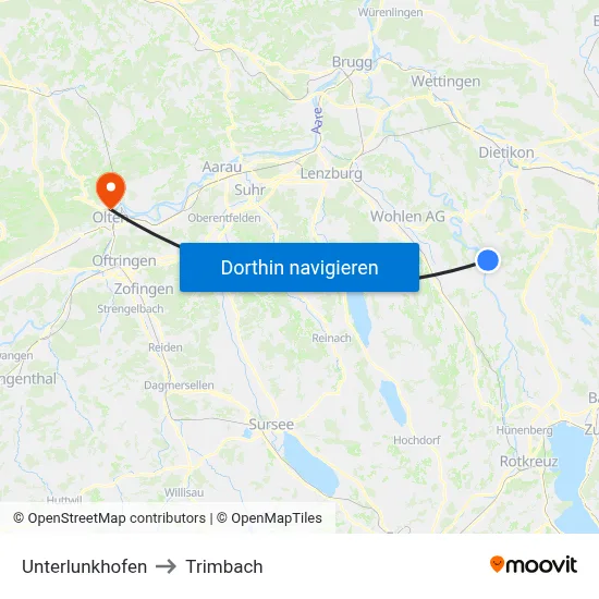 Unterlunkhofen to Trimbach map