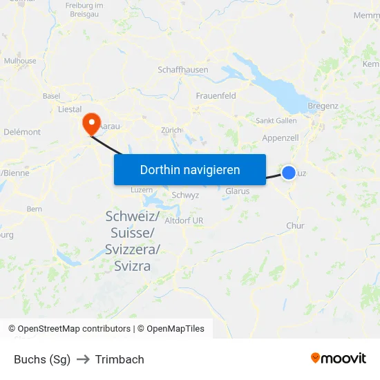Buchs (Sg) to Trimbach map