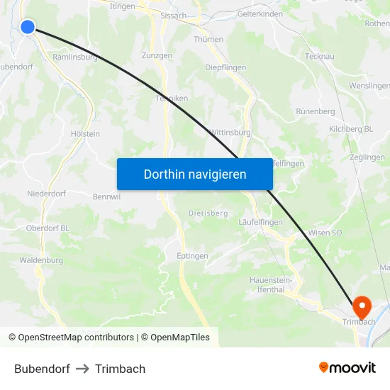 Bubendorf to Trimbach map
