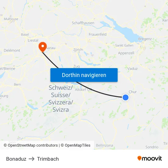Bonaduz to Trimbach map