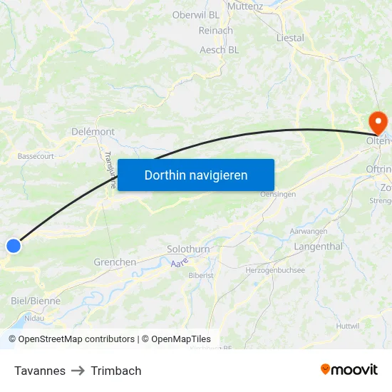 Tavannes to Trimbach map