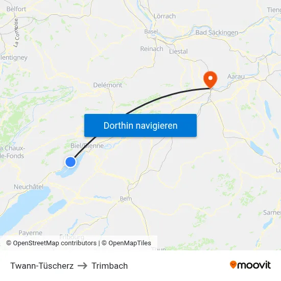 Twann-Tüscherz to Trimbach map