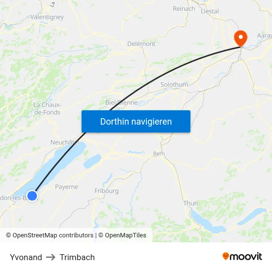 Yvonand to Trimbach map