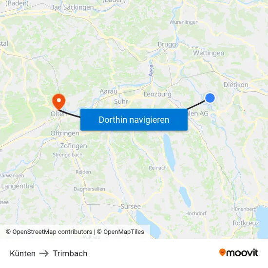 Künten to Trimbach map