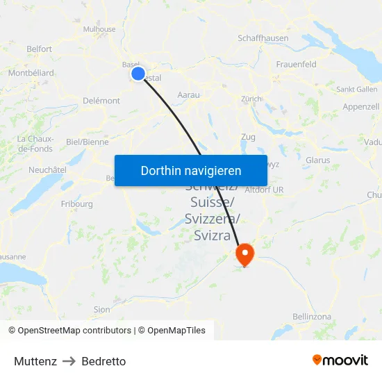 Muttenz to Bedretto map