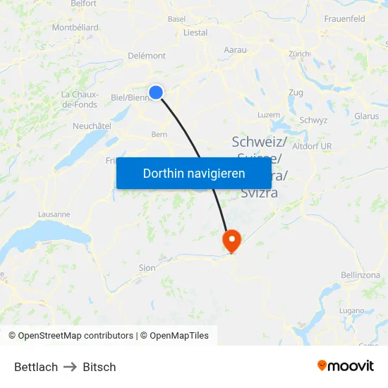 Bettlach to Bitsch map