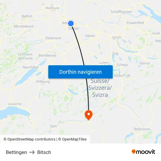 Bettingen to Bitsch map