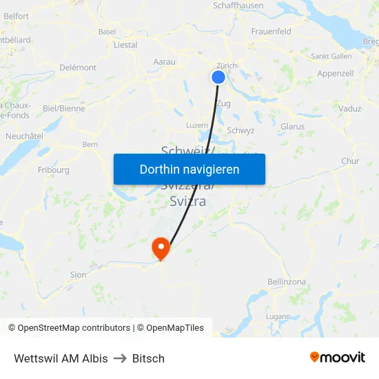 Wettswil AM Albis to Bitsch map