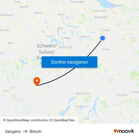 Sargans to Bitsch map