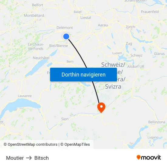 Moutier to Bitsch map