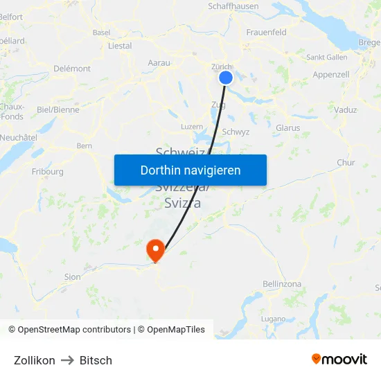 Zollikon to Bitsch map