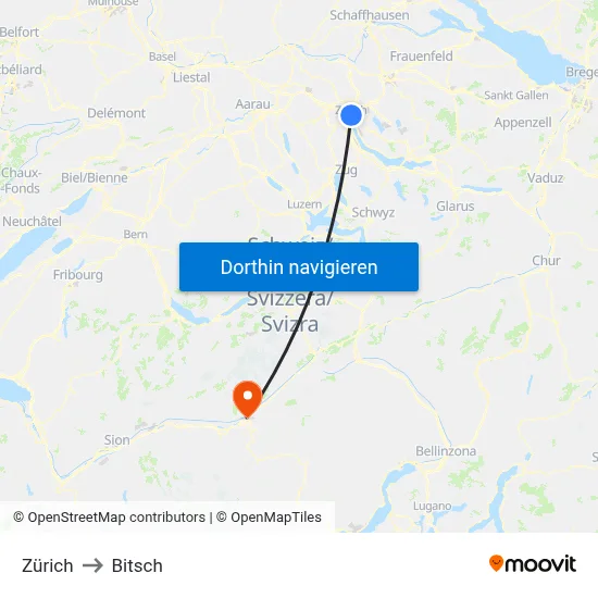 Zürich to Bitsch map