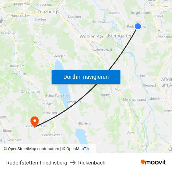 Rudolfstetten-Friedlisberg to Rickenbach map