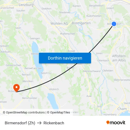Birmensdorf (Zh) to Rickenbach map