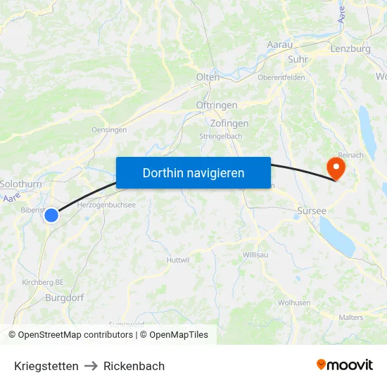 Kriegstetten to Rickenbach map